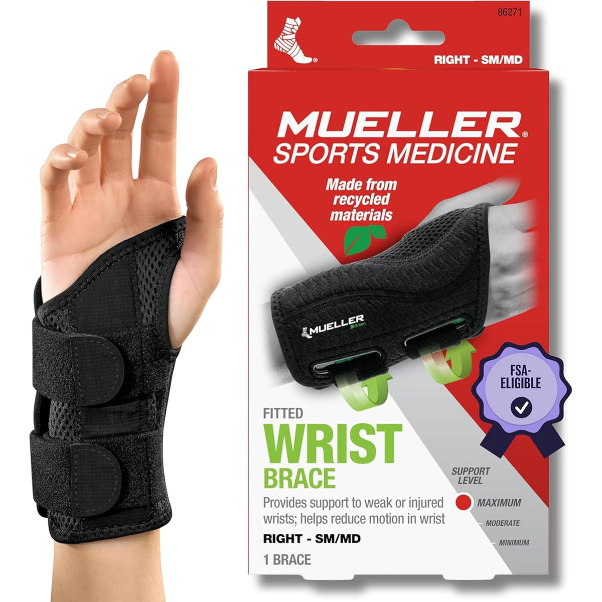 Green Fitted Wrist Brace for Men and Women, Wrist Pain Relief Support, Ideal for Carpal Tunnel, Tendonitis, Arthritis, Right Hand, Black, Small/Medium