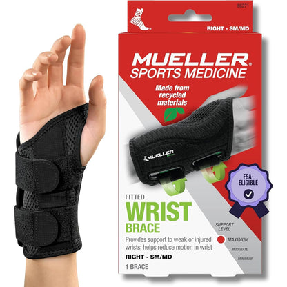 Green Fitted Wrist Brace for Men and Women, Wrist Pain Relief Support, Ideal for Carpal Tunnel, Tendonitis, Arthritis, Right Hand, Black, Small/Medium