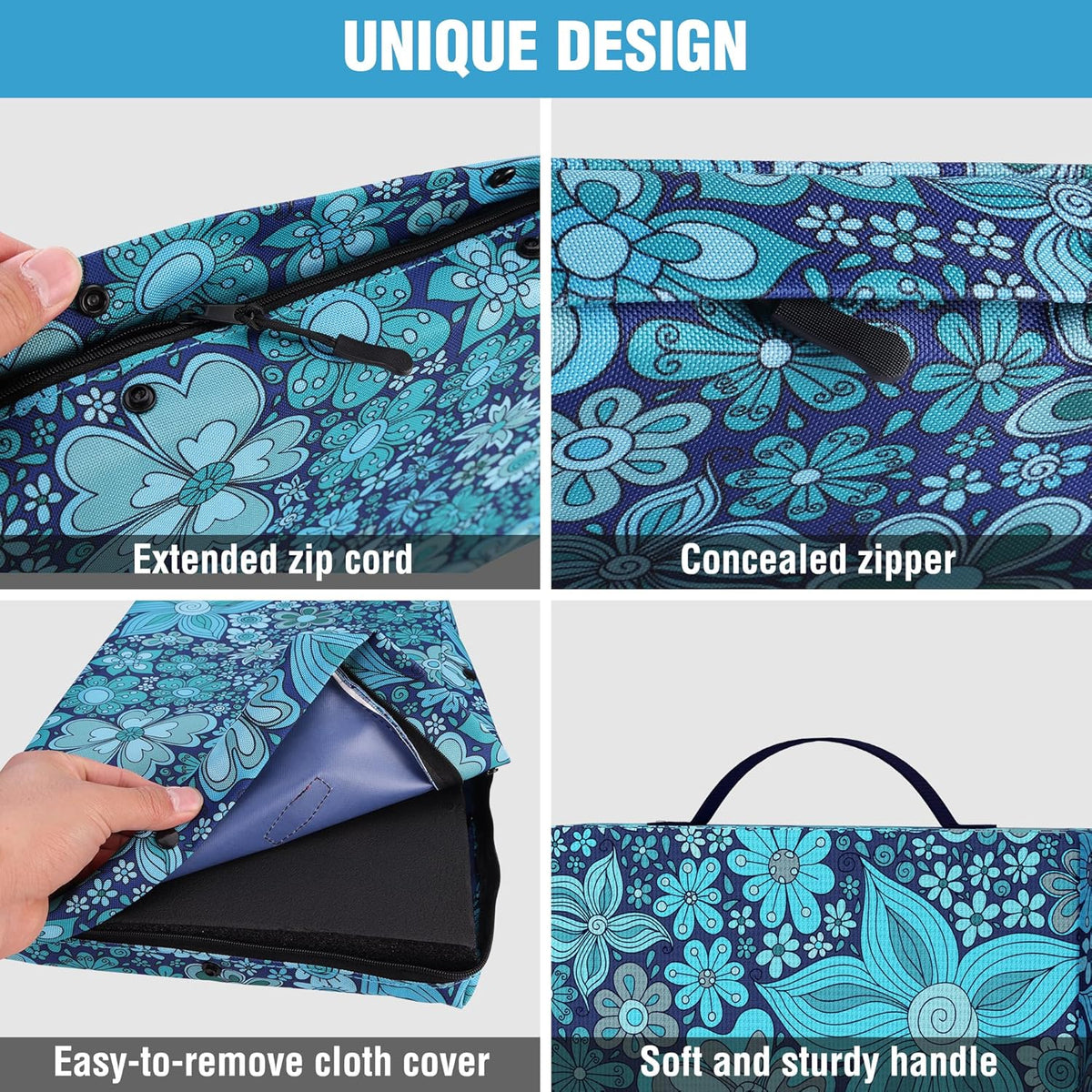 17" Kneeling Pad with Removable Cover, Blue Floral Printing | Soft NBR Foam Cushioning, Large Size, For Gardening, Daily Chores, Workout Supplies