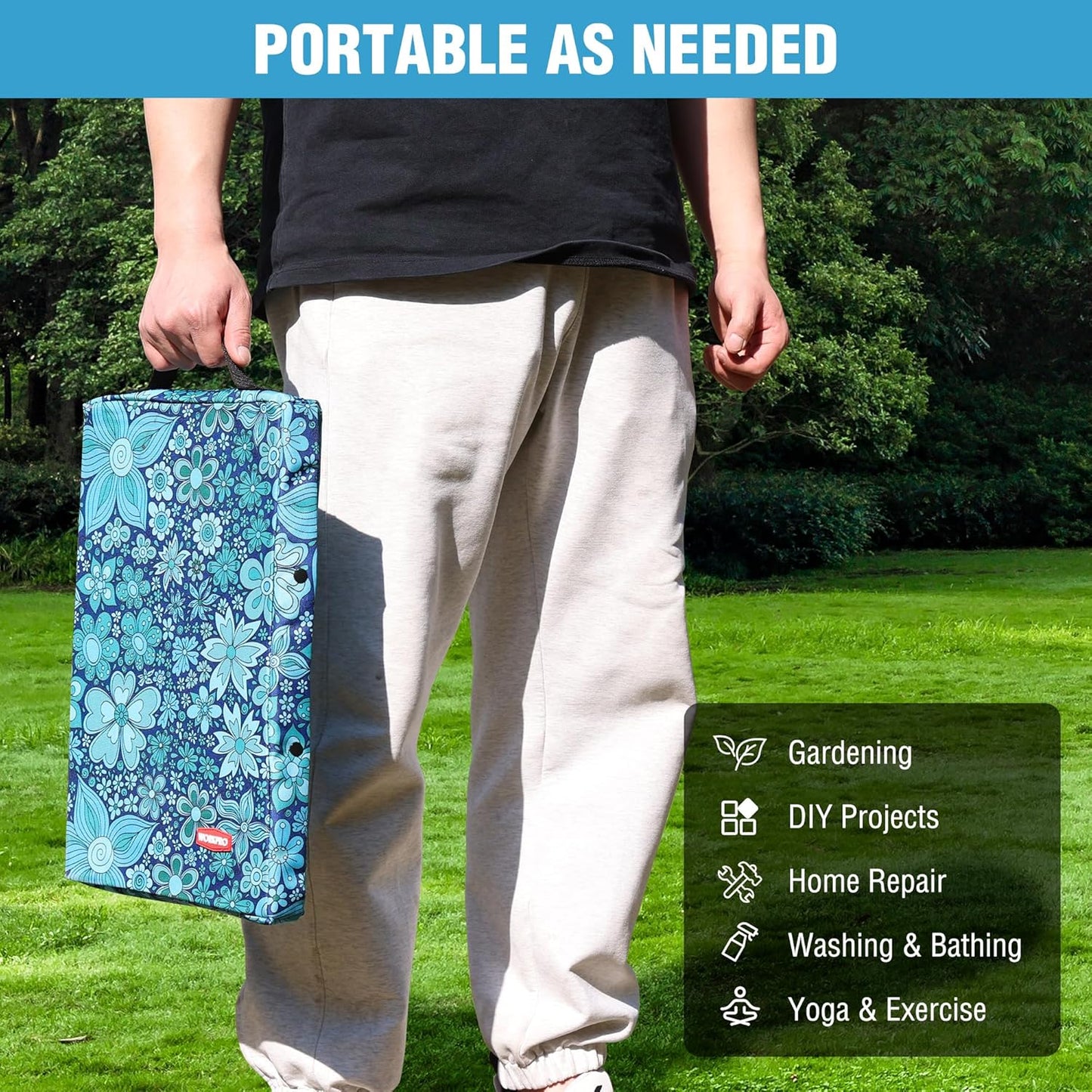 17" Kneeling Pad with Removable Cover, Blue Floral Printing | Soft NBR Foam Cushioning, Large Size, For Gardening, Daily Chores, Workout Supplies