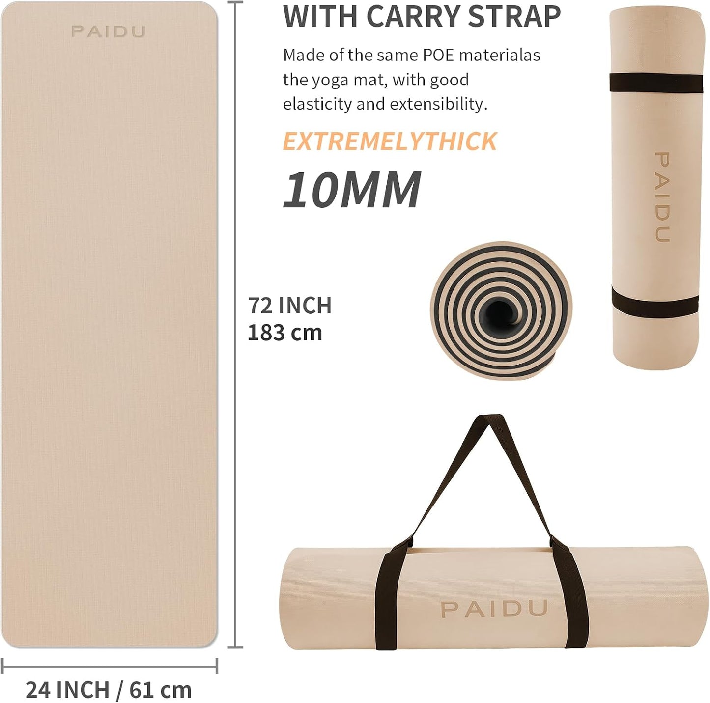 Yoga Mat Non Slip Anti-tear,extra thick-2/5 inch（10MM）High Resiliency Professional POE Yoga Mats for Women Men Kids,72"x24"inch,Workout, Yoga, Pilates and Floor Exercise, with Carrier Strap