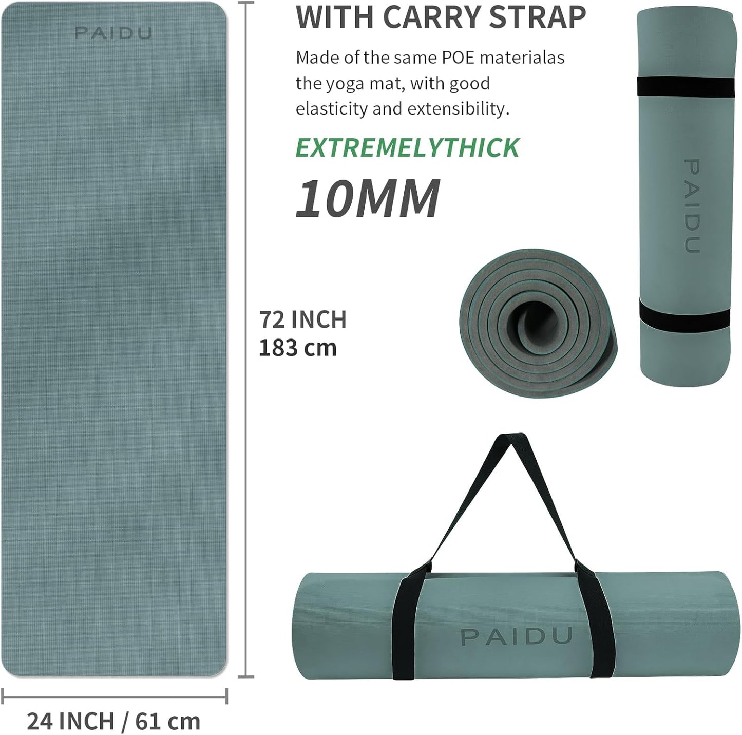 Yoga Mat Non Slip Anti-tear,extra thick-2/5 inch（10MM）High Resiliency Professional POE Yoga Mats for Women Men Kids,72"x24"inch,Workout, Yoga, Pilates and Floor Exercise, with Carrier Strap