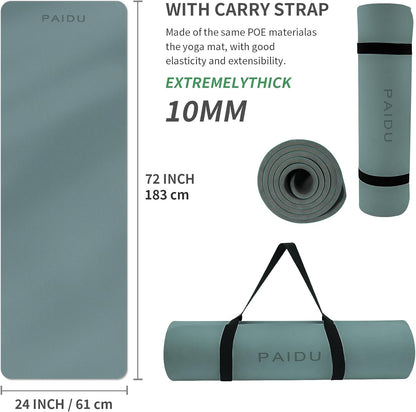 Yoga Mat Non Slip Anti-tear,extra thick-2/5 inch（10MM）High Resiliency Professional POE Yoga Mats for Women Men Kids,72"x24"inch,Workout, Yoga, Pilates and Floor Exercise, with Carrier Strap