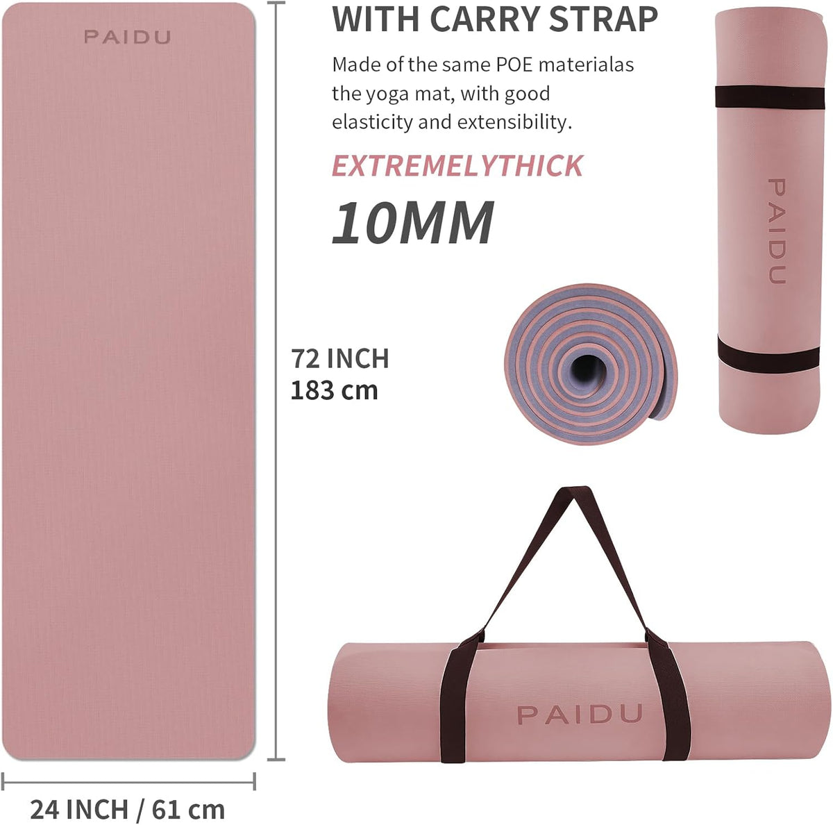 Yoga Mat Non Slip Anti-tear,extra thick-2/5 inch（10MM）High Resiliency Professional POE Yoga Mats for Women Men Kids,72"x24"inch,Workout, Yoga, Pilates and Floor Exercise, with Carrier Strap