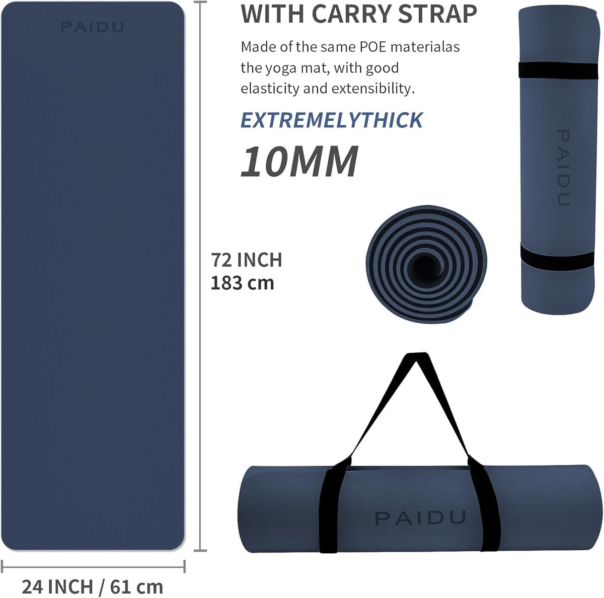 Yoga Mat Non Slip Anti-tear,extra thick-2/5 inch（10MM）High Resiliency Professional POE Yoga Mats for Women Men Kids,72"x24"inch,Workout, Yoga, Pilates and Floor Exercise, with Carrier Strap