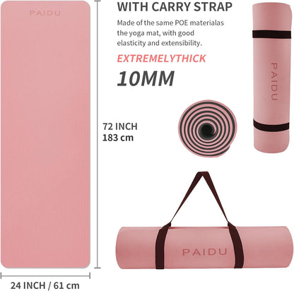 Yoga Mat Non Slip Anti-tear,extra thick-2/5 inch（10MM）High Resiliency Professional POE Yoga Mats for Women Men Kids,72"x24"inch,Workout, Yoga, Pilates and Floor Exercise, with Carrier Strap