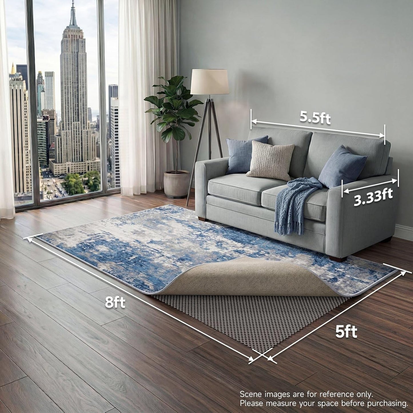 3x5 Ft Rug Pad Gripper for Hardwood Floors, Non Slip Rug Pads for Area Rugs, Thick Dark Grey Rug Grippers for Tile Floors, Under Carpet Anti Skid Mat, Keep Your Rugs Safe and in Place