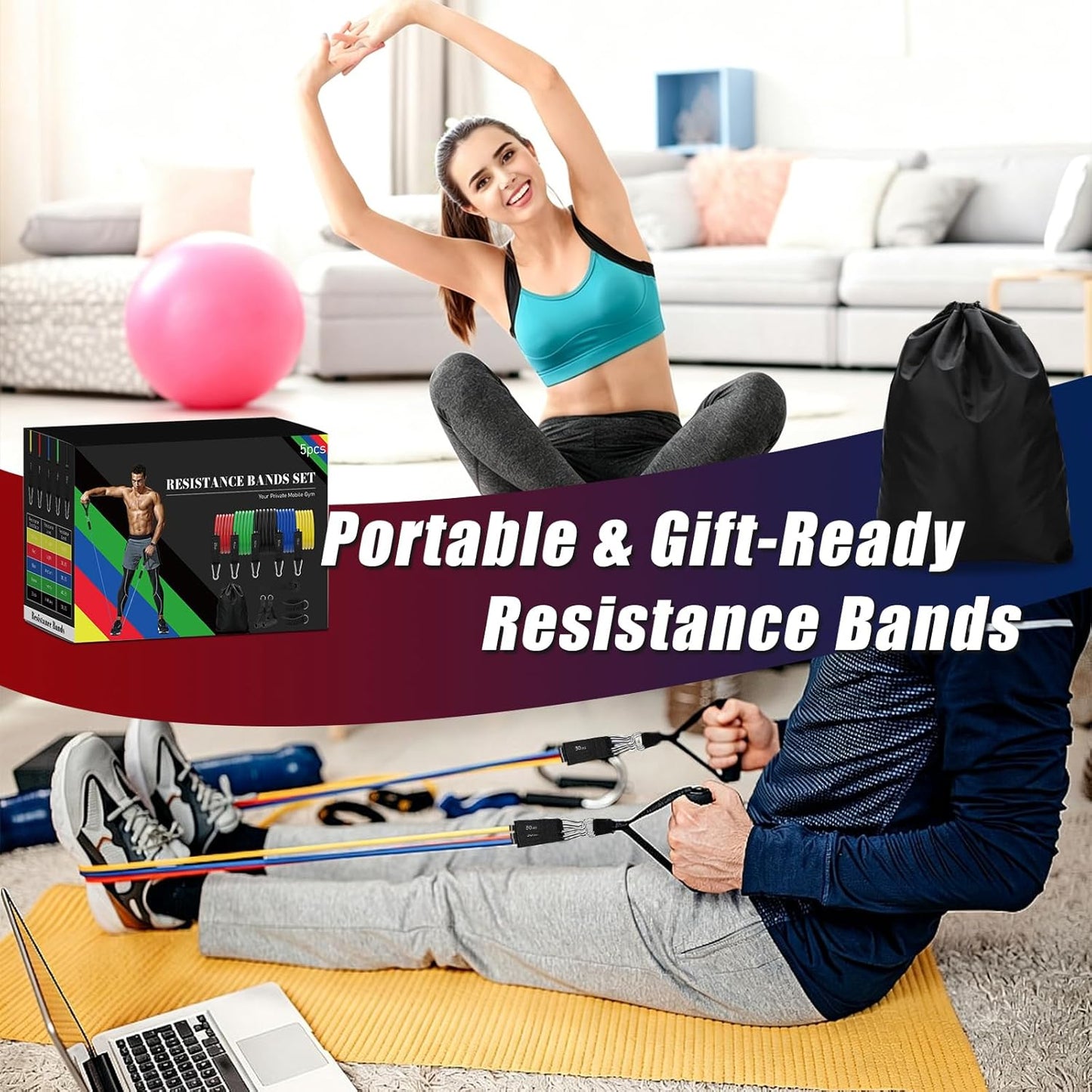 Resistance Bands with Handles, 5-Level Exercise Bands with Handles, Resistance Bands for Men and Women, Exercise Bands for Full-Body Training, Fitness, Physical Therapy, Workout Bands at Home, Gym