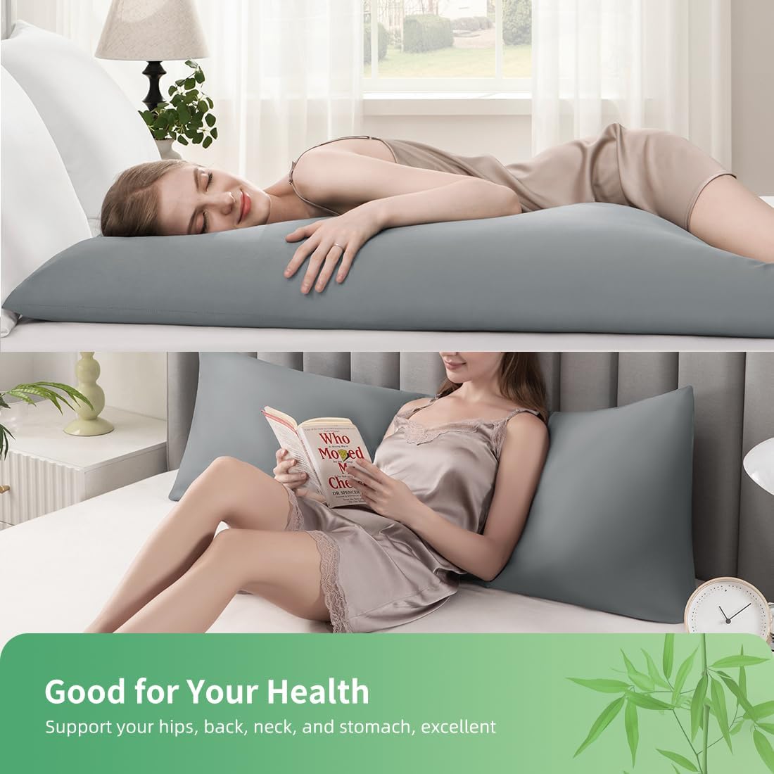 Body Pillowcase, Cooling Viscose from Bamboo Pillow Cover with Zipper Closure, Soft Moisture-Wicking for Hot Sleepers, Hair and Skin-Friendly, Gray, 1 Pack