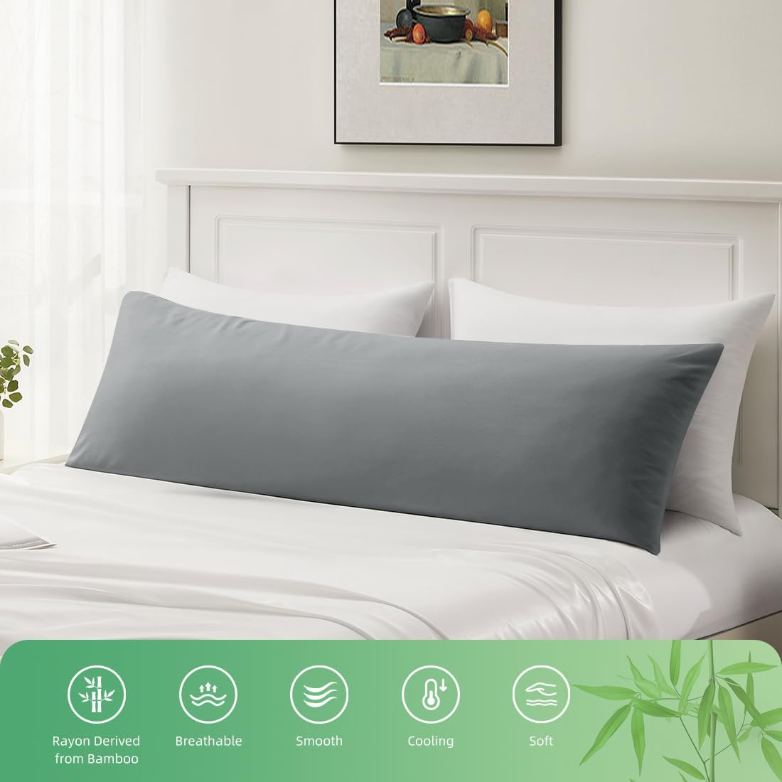 Body Pillowcase, Cooling Viscose from Bamboo Pillow Cover with Zipper Closure, Soft Moisture-Wicking for Hot Sleepers, Hair and Skin-Friendly, Gray, 1 Pack