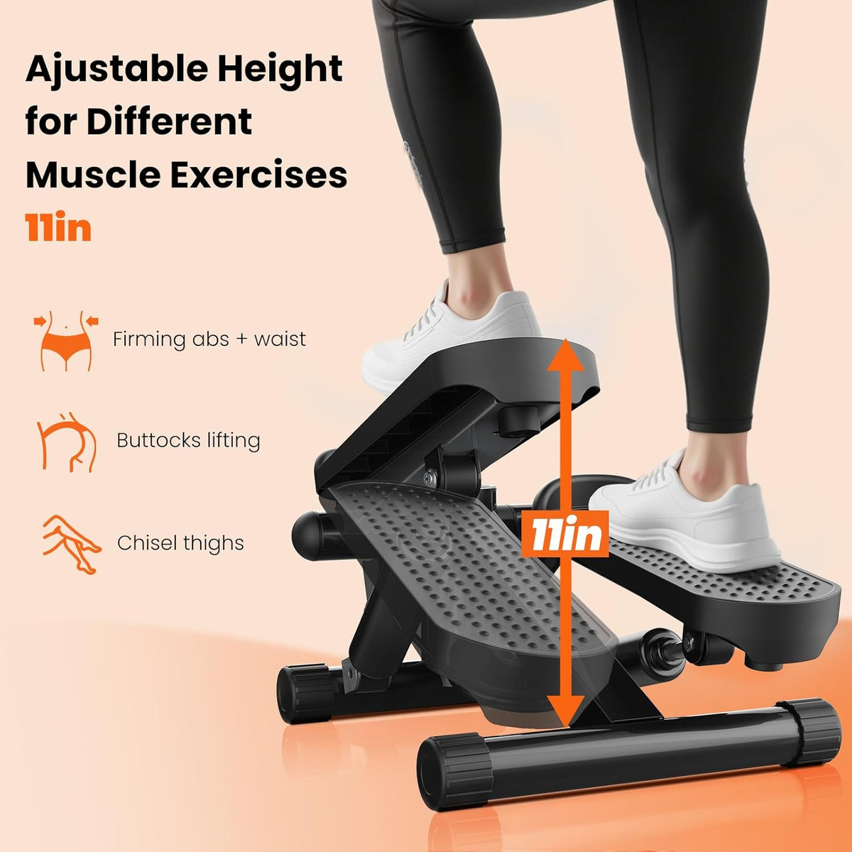Mini Stair Stepper with Resistance Bands, Hydraulic Home Stepper Machine, 300 LBS Weight Capacity, Compact Cardio Equipment with LCD Monitor, No Assembly Required