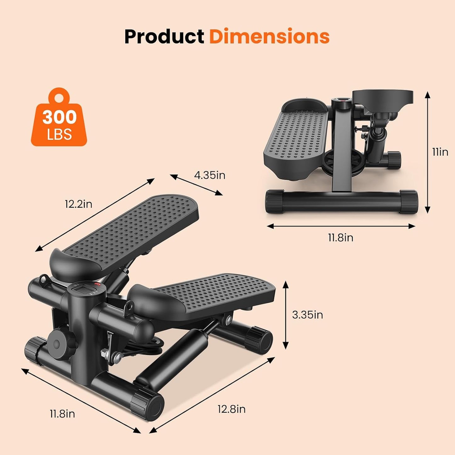 Mini Stair Stepper with Resistance Bands, Hydraulic Home Stepper Machine, 300 LBS Weight Capacity, Compact Cardio Equipment with LCD Monitor, No Assembly Required