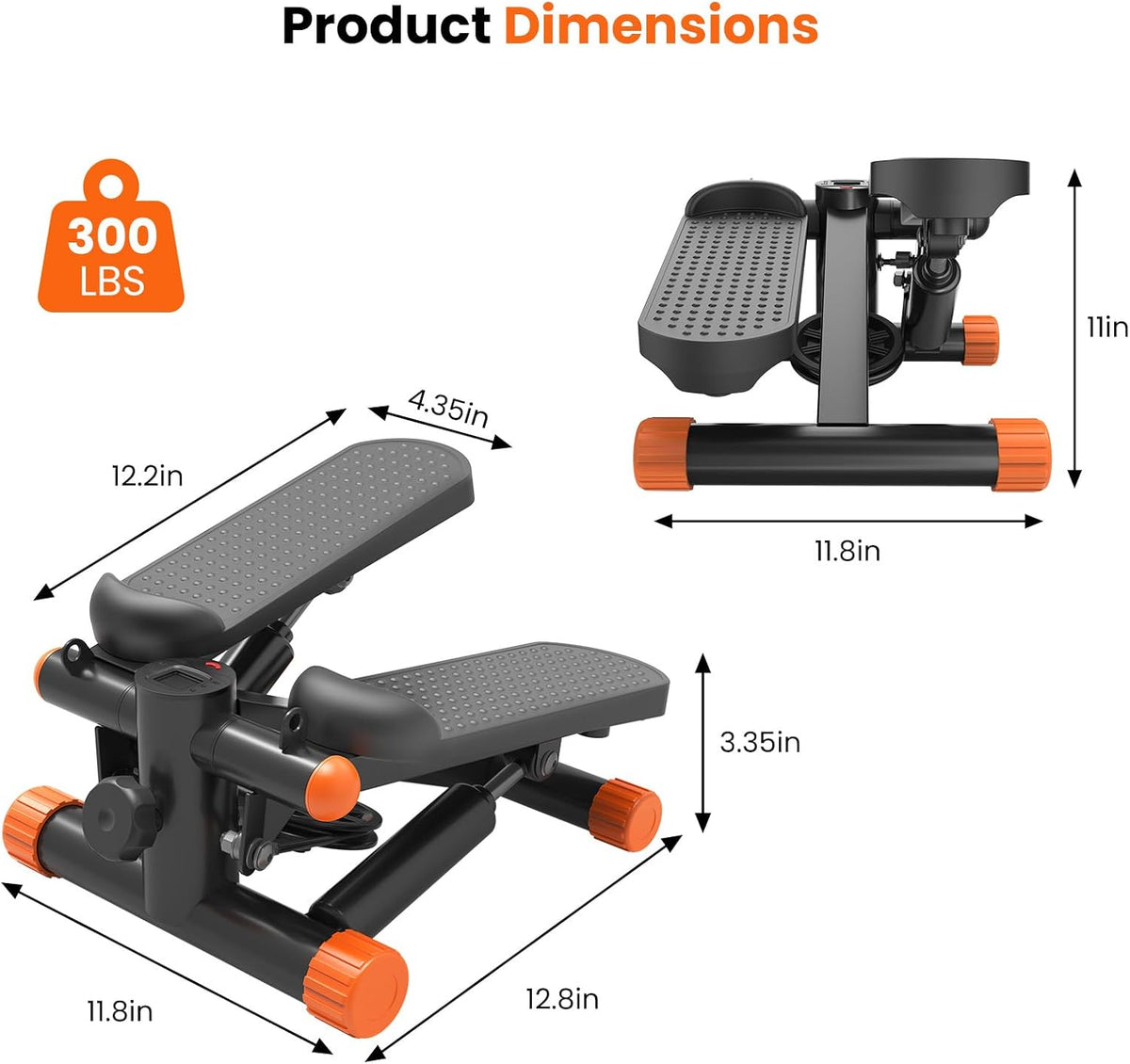 Mini Stair Stepper with Resistance Bands, Hydraulic Home Stepper Machine, 300 LBS Weight Capacity, Compact Cardio Equipment with LCD Monitor, No Assembly Required