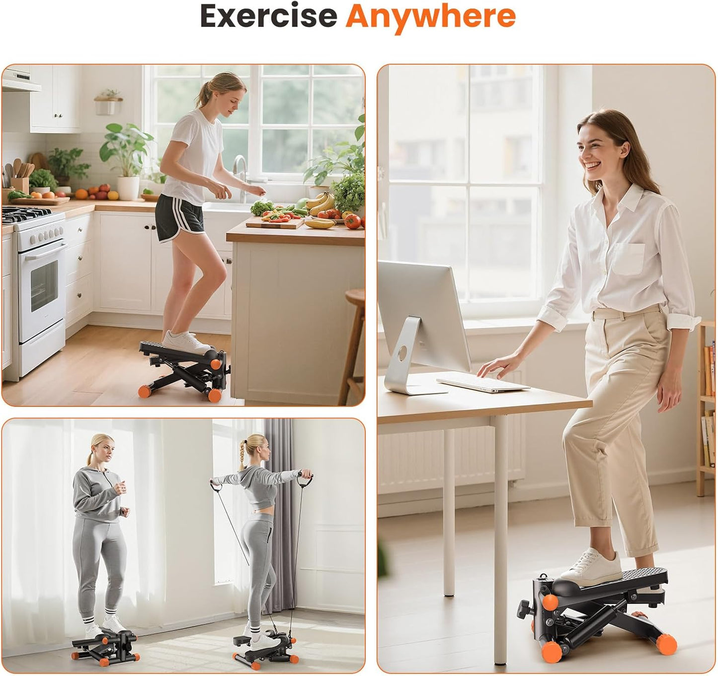 Mini Stair Stepper with Resistance Bands, Hydraulic Home Stepper Machine, 300 LBS Weight Capacity, Compact Cardio Equipment with LCD Monitor, No Assembly Required
