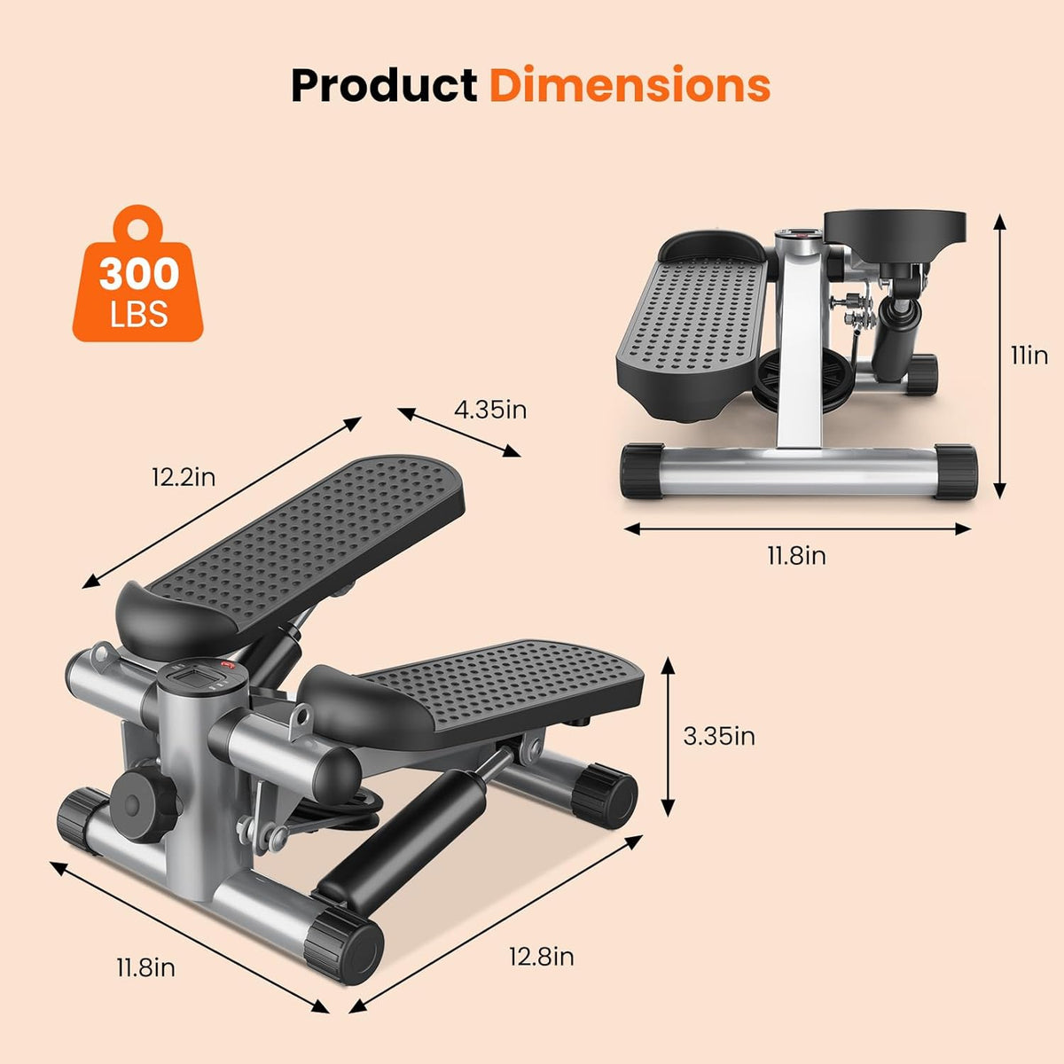 Mini Stair Stepper with Resistance Bands, Hydraulic Home Stepper Machine, 300 LBS Weight Capacity, Compact Cardio Equipment with LCD Monitor, No Assembly Required