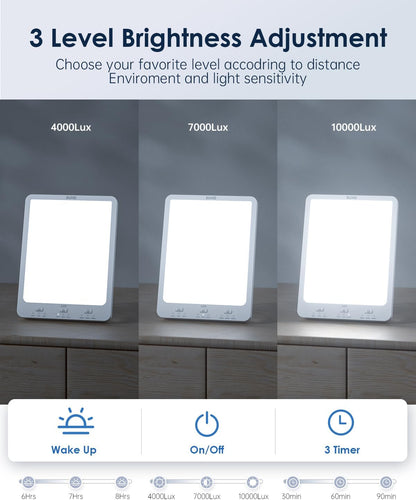 Light Therapy Lamp - 10000 Lux Therapy Lights, 3 Timing & Mode Happy Lamp, Touch Control Daylight Lamp with Memory Function, Portable Light Therapy Box for Home/Office Use As Lift Mood