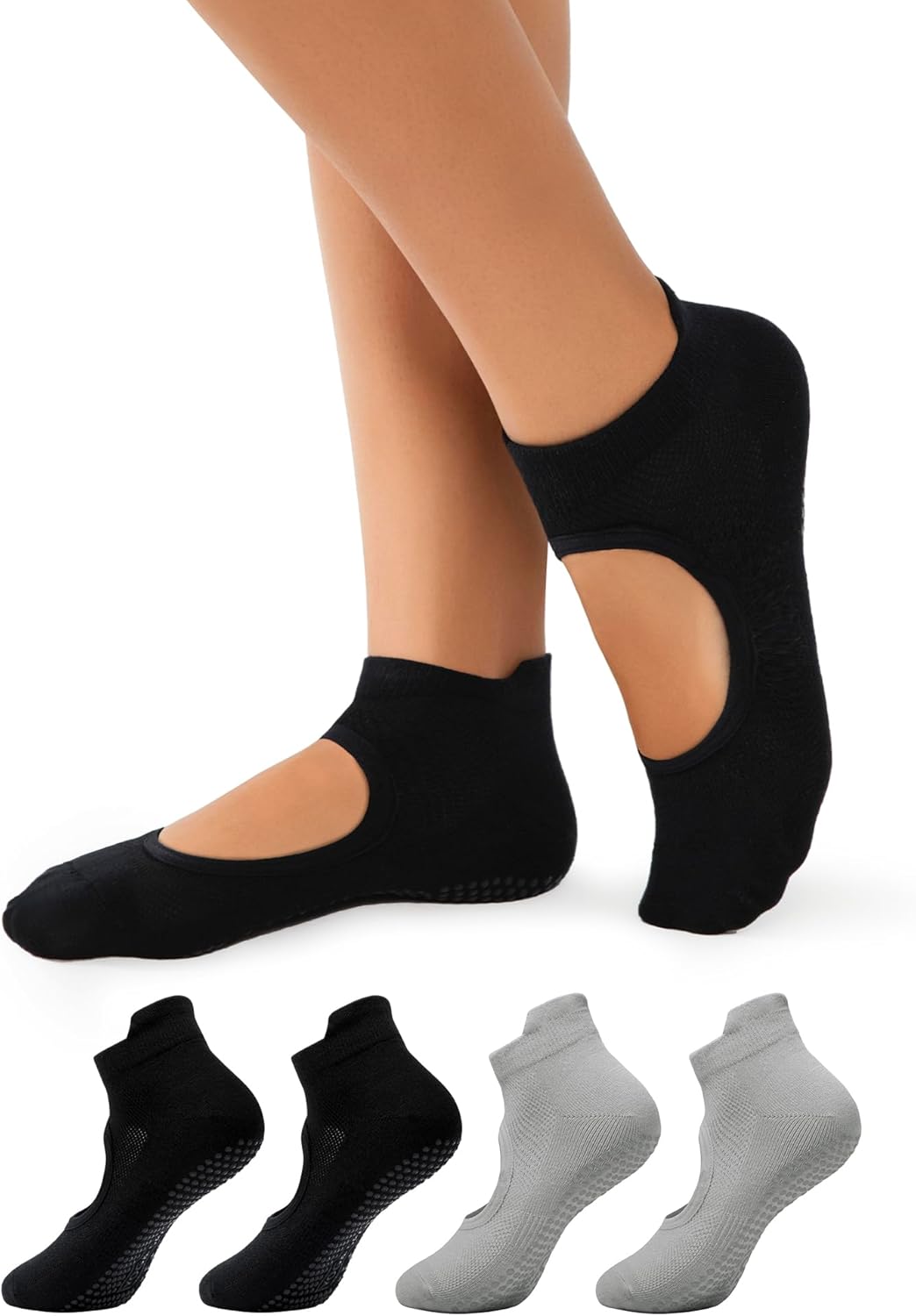 4 Pairs Pilates Socks with Grips for Women,Crew Non Slip Grip Yoga Socks for Barre,Hospital, Barefoot