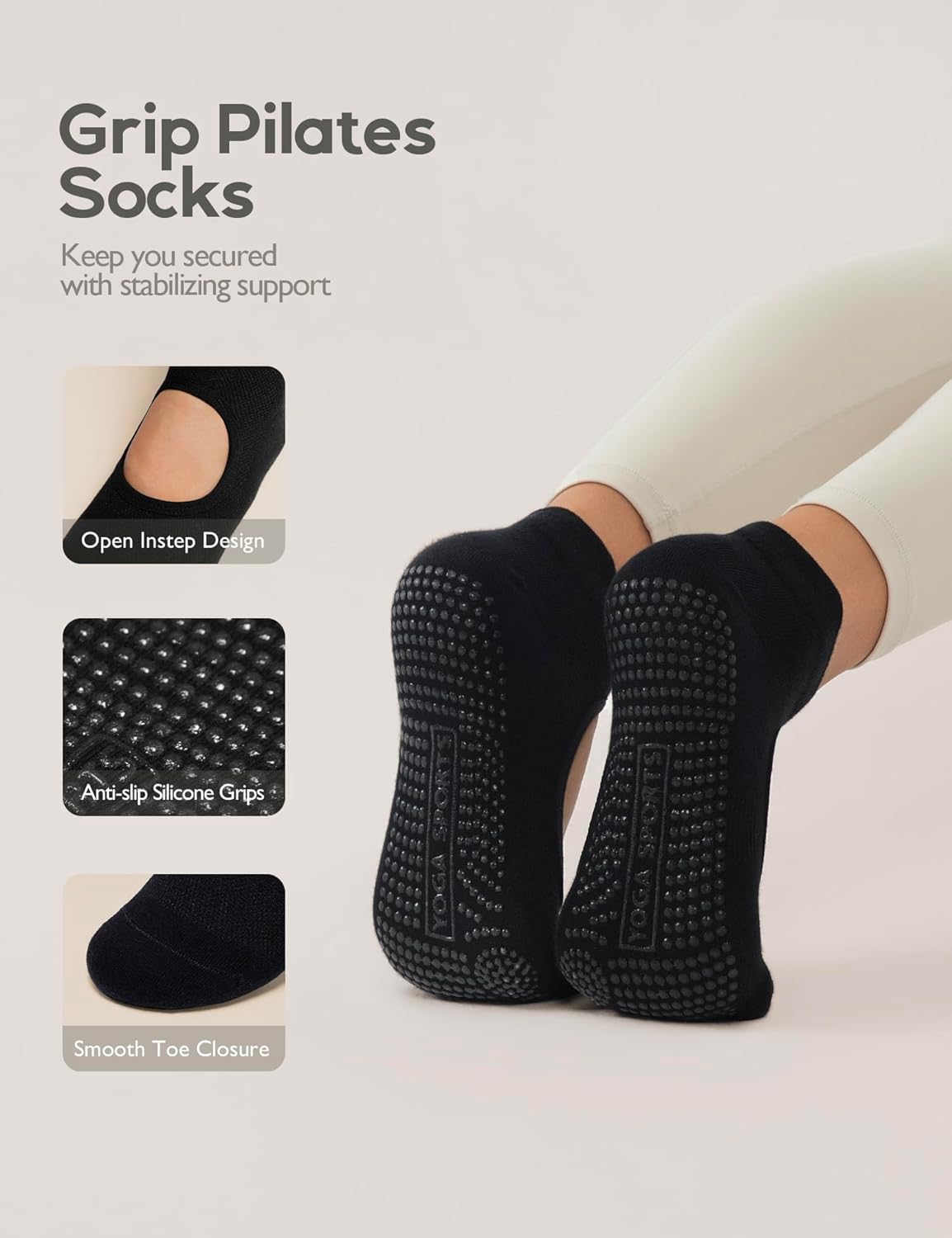 4 Pairs Pilates Socks with Grips for Women,Crew Non Slip Grip Yoga Socks for Barre,Hospital, Barefoot