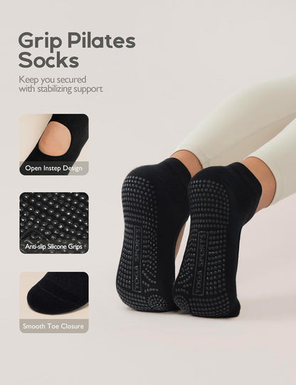 4 Pairs Pilates Socks with Grips for Women,Crew Non Slip Grip Yoga Socks for Barre,Hospital, Barefoot