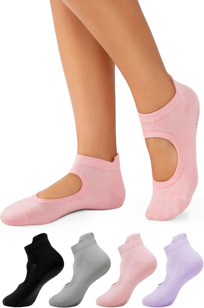 4 Pairs Pilates Socks with Grips for Women,Crew Non Slip Grip Yoga Socks for Barre,Hospital, Barefoot