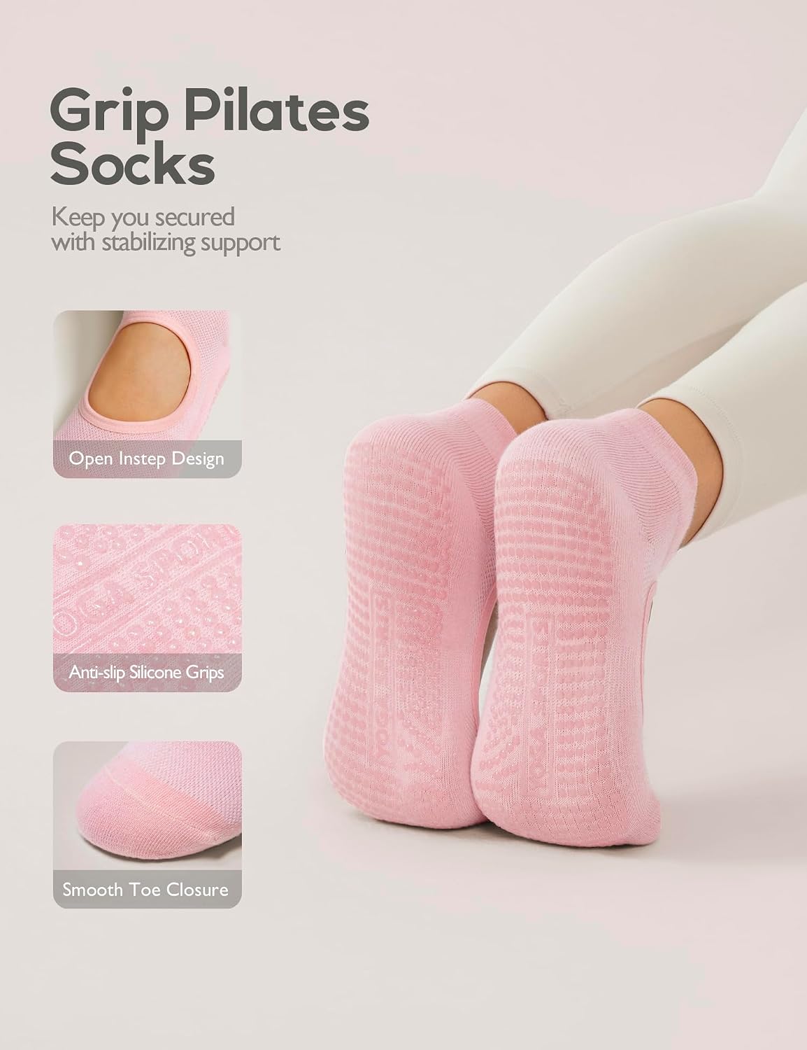 4 Pairs Pilates Socks with Grips for Women,Crew Non Slip Grip Yoga Socks for Barre,Hospital, Barefoot