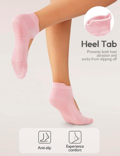 4 Pairs Pilates Socks with Grips for Women,Crew Non Slip Grip Yoga Socks for Barre,Hospital, Barefoot