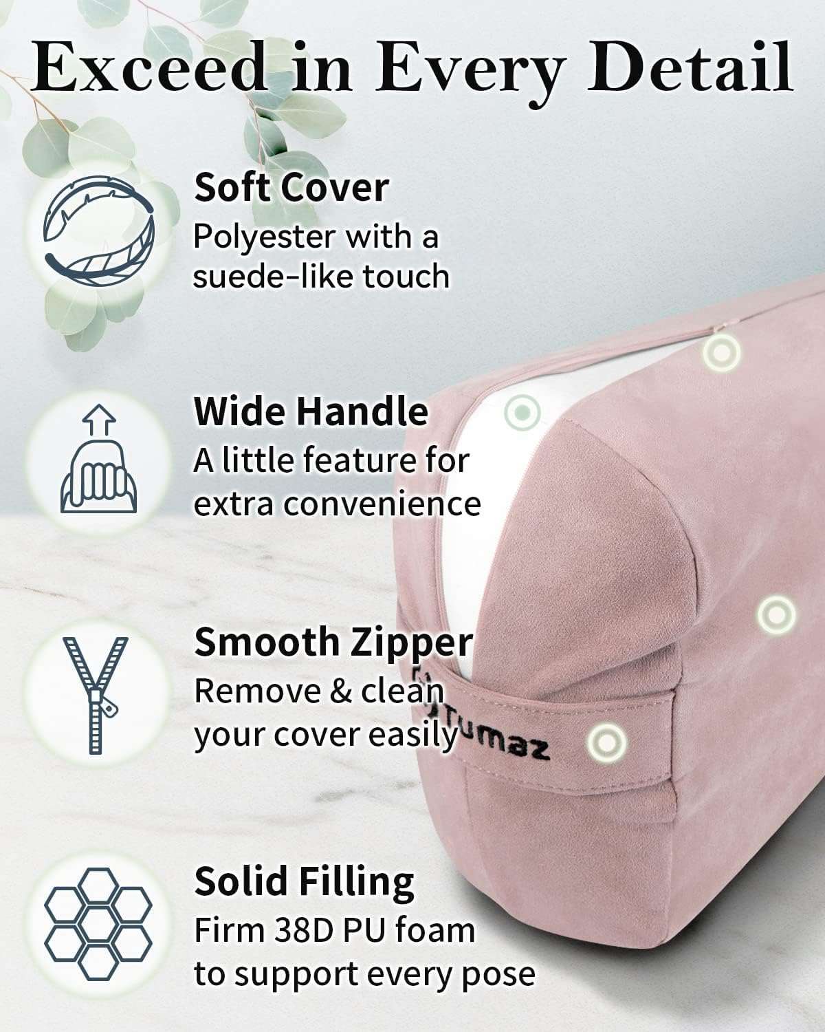 Yoga Bolster Set, Rectangular Yoga Bolster with Washable Cover | Soft bolster for restorative yoga, meditation and stretching. Includes 8-ft strap, carry handle and washable cover