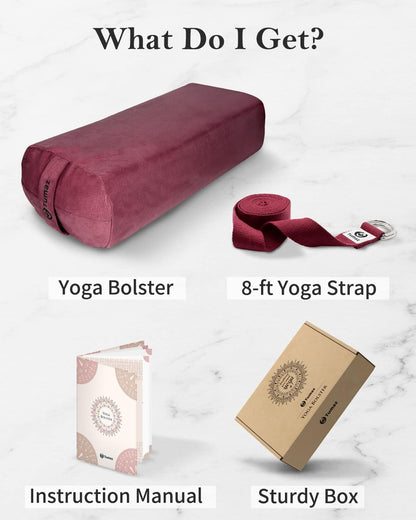 Yoga Bolster Set, Rectangular Yoga Bolster with Washable Cover | Soft bolster for restorative yoga, meditation and stretching. Includes 8-ft strap, carry handle and washable cover