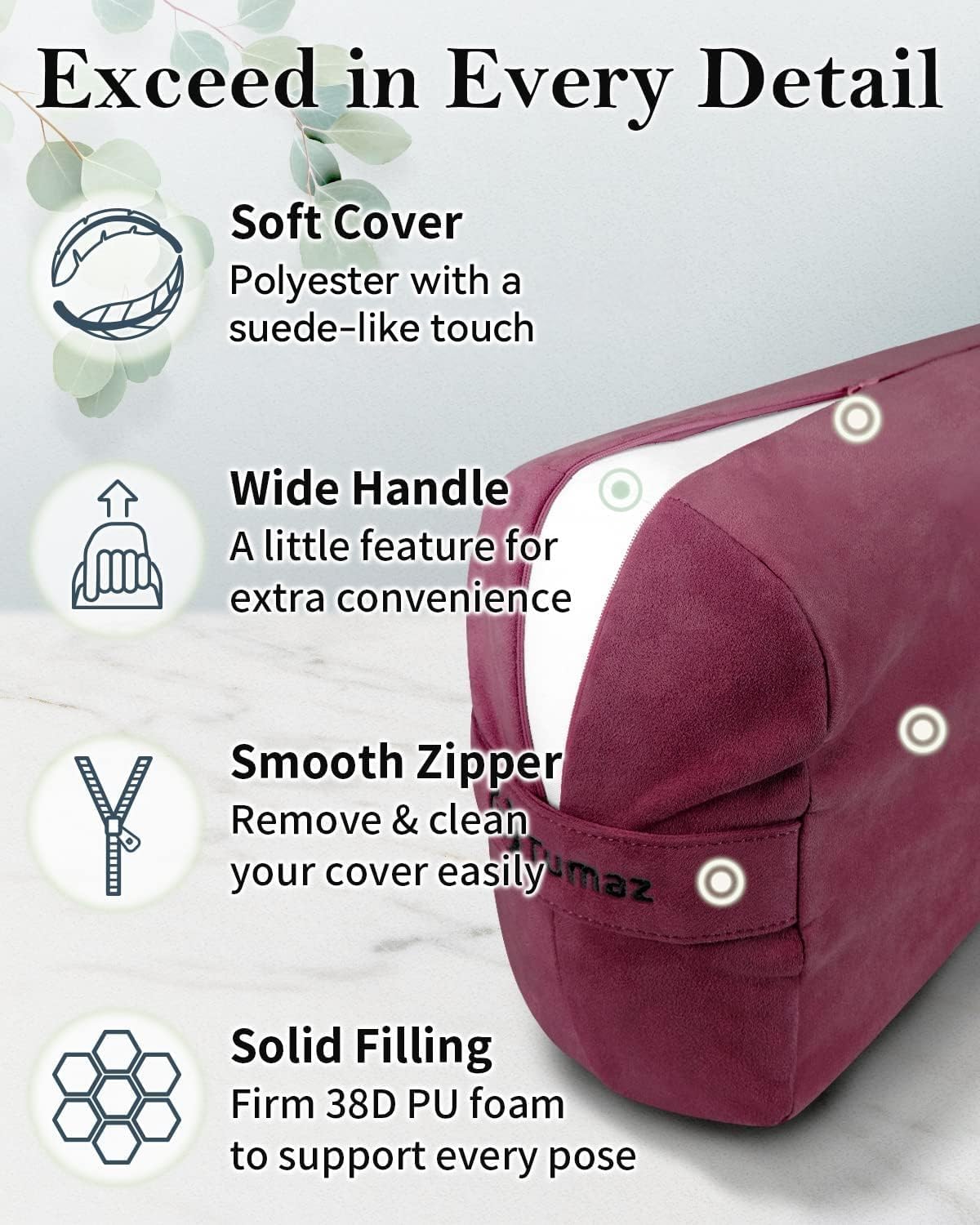 Yoga Bolster Set, Rectangular Yoga Bolster with Washable Cover | Soft bolster for restorative yoga, meditation and stretching. Includes 8-ft strap, carry handle and washable cover