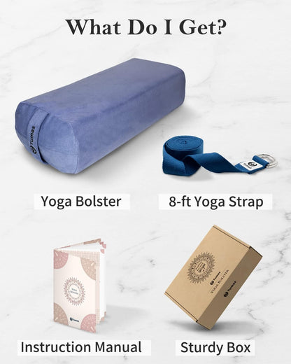 Yoga Bolster Set, Rectangular Yoga Bolster with Washable Cover | Soft bolster for restorative yoga, meditation and stretching. Includes 8-ft strap, carry handle and washable cover