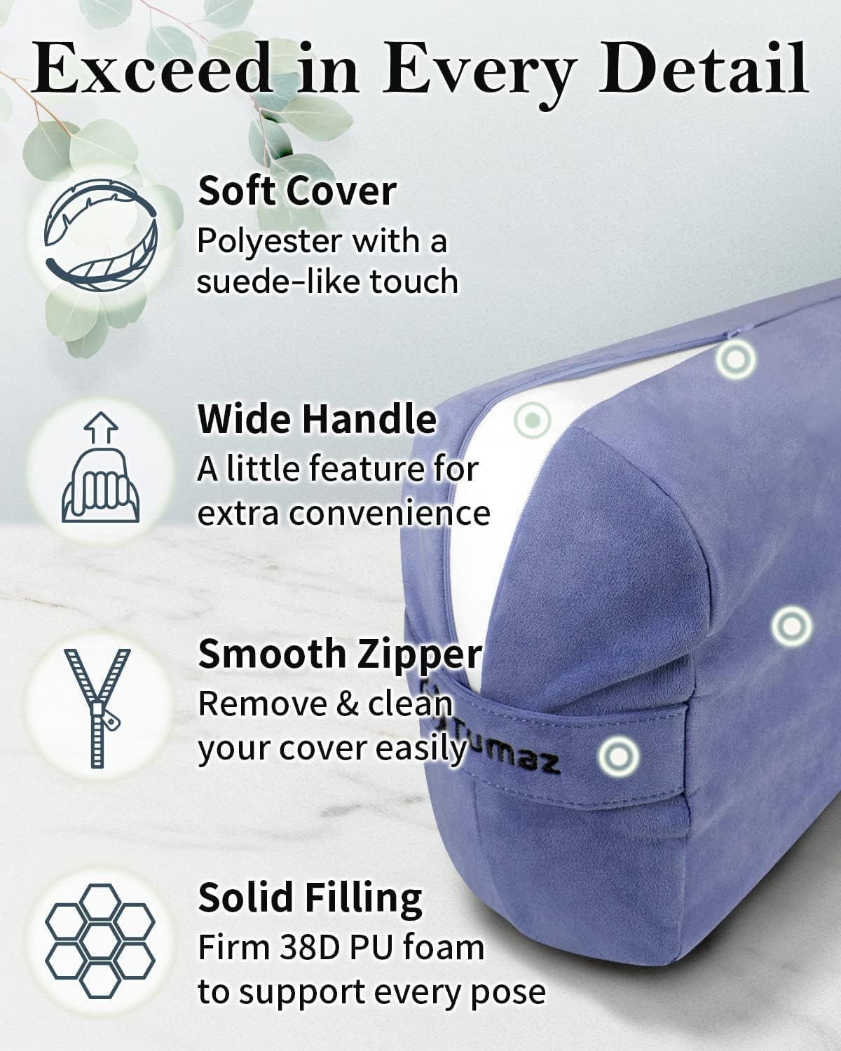 Yoga Bolster Set, Rectangular Yoga Bolster with Washable Cover | Soft bolster for restorative yoga, meditation and stretching. Includes 8-ft strap, carry handle and washable cover