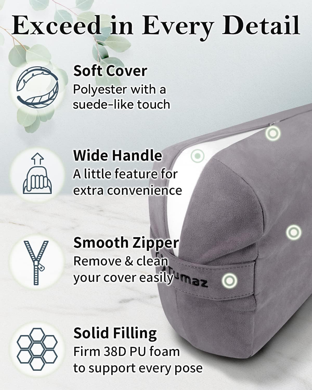 Yoga Bolster Set, Rectangular Yoga Bolster with Washable Cover | Soft bolster for restorative yoga, meditation and stretching. Includes 8-ft strap, carry handle and washable cover