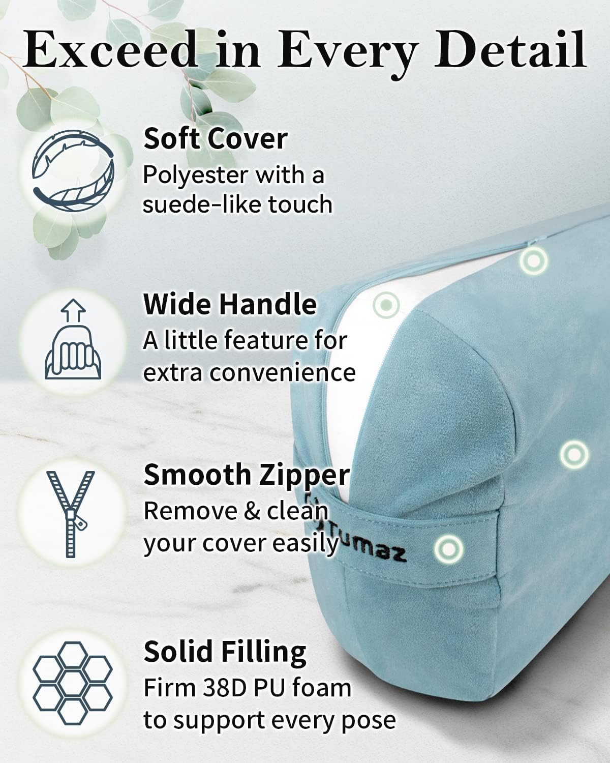 Yoga Bolster Set, Rectangular Yoga Bolster with Washable Cover | Soft bolster for restorative yoga, meditation and stretching. Includes 8-ft strap, carry handle and washable cover
