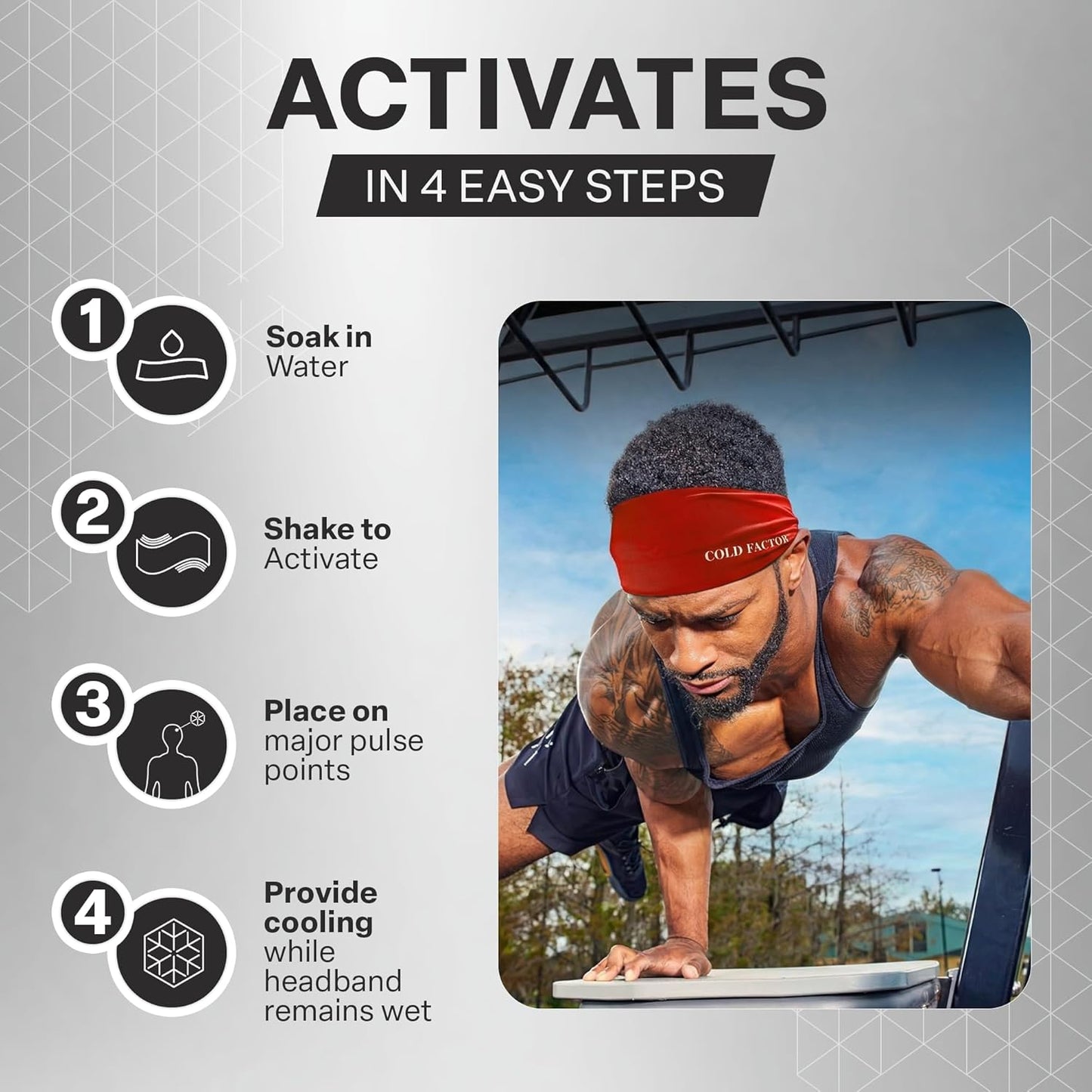 COLD FACTOR Cooling Headband for Women and Men – UPF 50+ Advanced Evaporative Comfort, Instant Cooling Sweatband for Outdoor Sports, Fitness, Yoga, Hiking, Running, and Workout