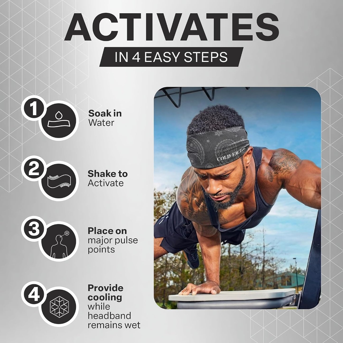 COLD FACTOR Cooling Headband for Women and Men – UPF 50+ Advanced Evaporative Comfort, Instant Cooling Sweatband for Outdoor Sports, Fitness, Yoga, Hiking, Running, and Workout