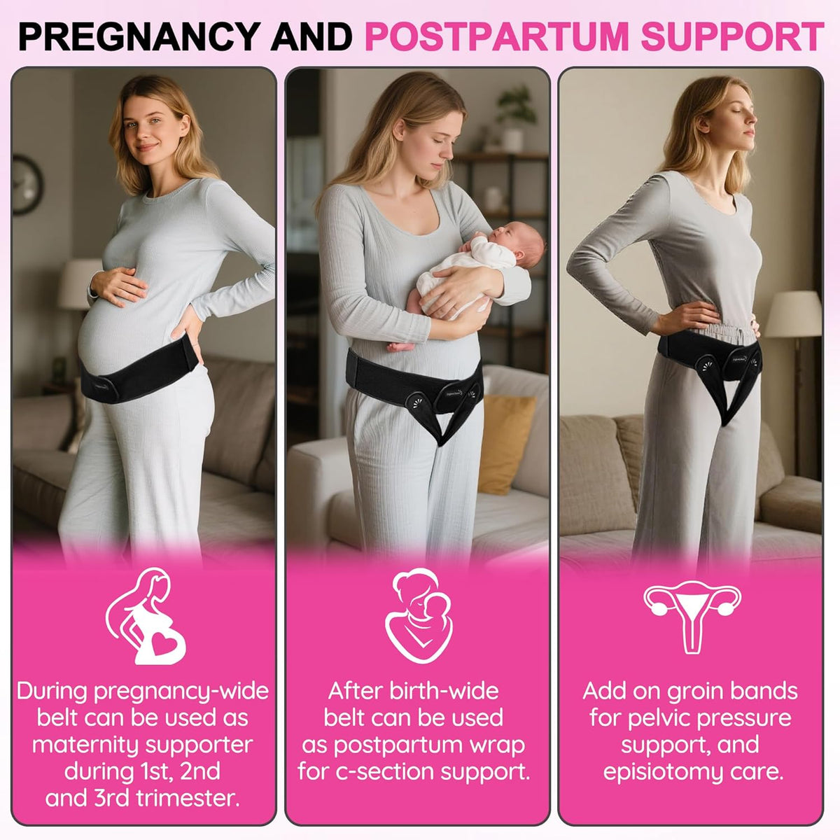 V3 Smart Maternity Belt 4 in 1 - Adjustable Pregnancy, Pelvic, Hip & Vulva Support Belt, Comfortable Belly Band for Prenatal & Postpartum Relief, Soft & Breathable Fabric - Black