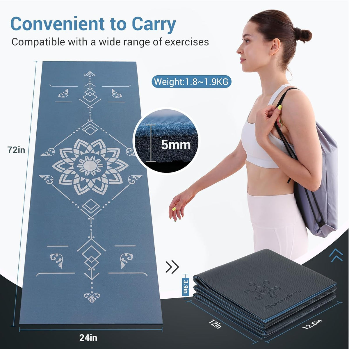 Folding Yoga Mat, Eco-Friendly PVC Travel Yoga Mat Packable, Double Sided Non-Slip Printed Yoga Mats with Bag for Home Workout Gym Exercise Fitness Pilates Stretching (72" x 24" x 1/5" Thick)