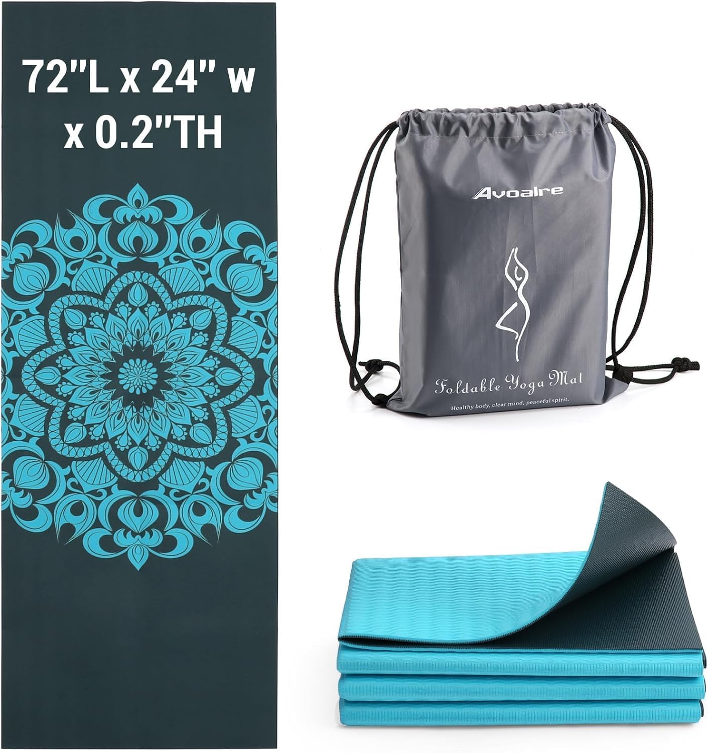 Folding Yoga Mat, Eco-Friendly PVC Travel Yoga Mat Packable, Double Sided Non-Slip Printed Yoga Mats with Bag for Home Workout Gym Exercise Fitness Pilates Stretching (72" x 24" x 1/5" Thick)