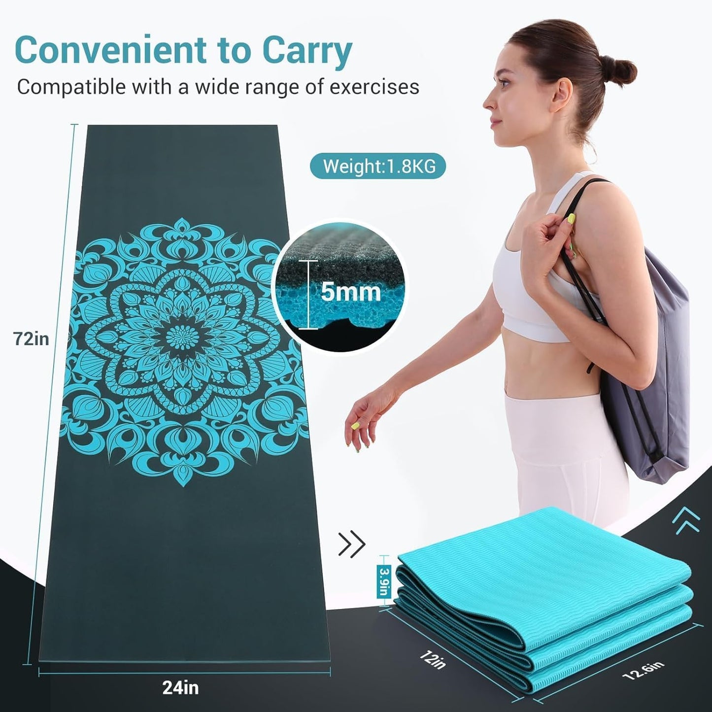 Folding Yoga Mat, Eco-Friendly PVC Travel Yoga Mat Packable, Double Sided Non-Slip Printed Yoga Mats with Bag for Home Workout Gym Exercise Fitness Pilates Stretching (72" x 24" x 1/5" Thick)