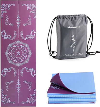 Folding Yoga Mat, Eco-Friendly PVC Travel Yoga Mat Packable, Double Sided Non-Slip Printed Yoga Mats with Bag for Home Workout Gym Exercise Fitness Pilates Stretching (72" x 24" x 1/5" Thick)