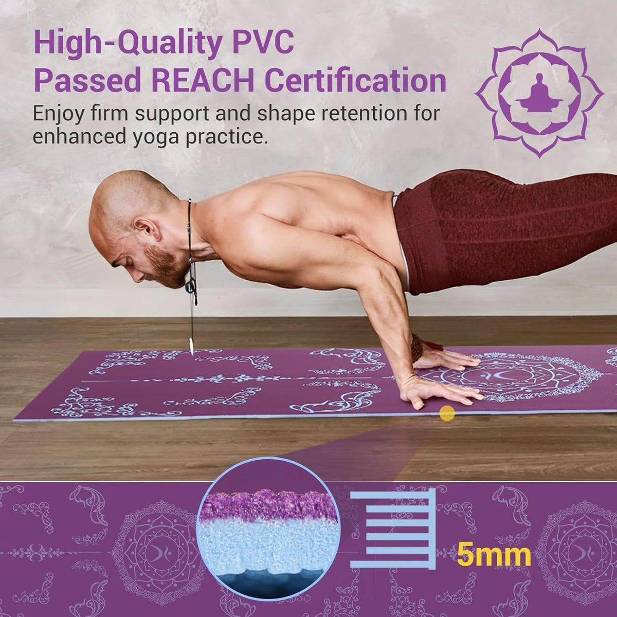 Folding Yoga Mat, Eco-Friendly PVC Travel Yoga Mat Packable, Double Sided Non-Slip Printed Yoga Mats with Bag for Home Workout Gym Exercise Fitness Pilates Stretching (72" x 24" x 1/5" Thick)