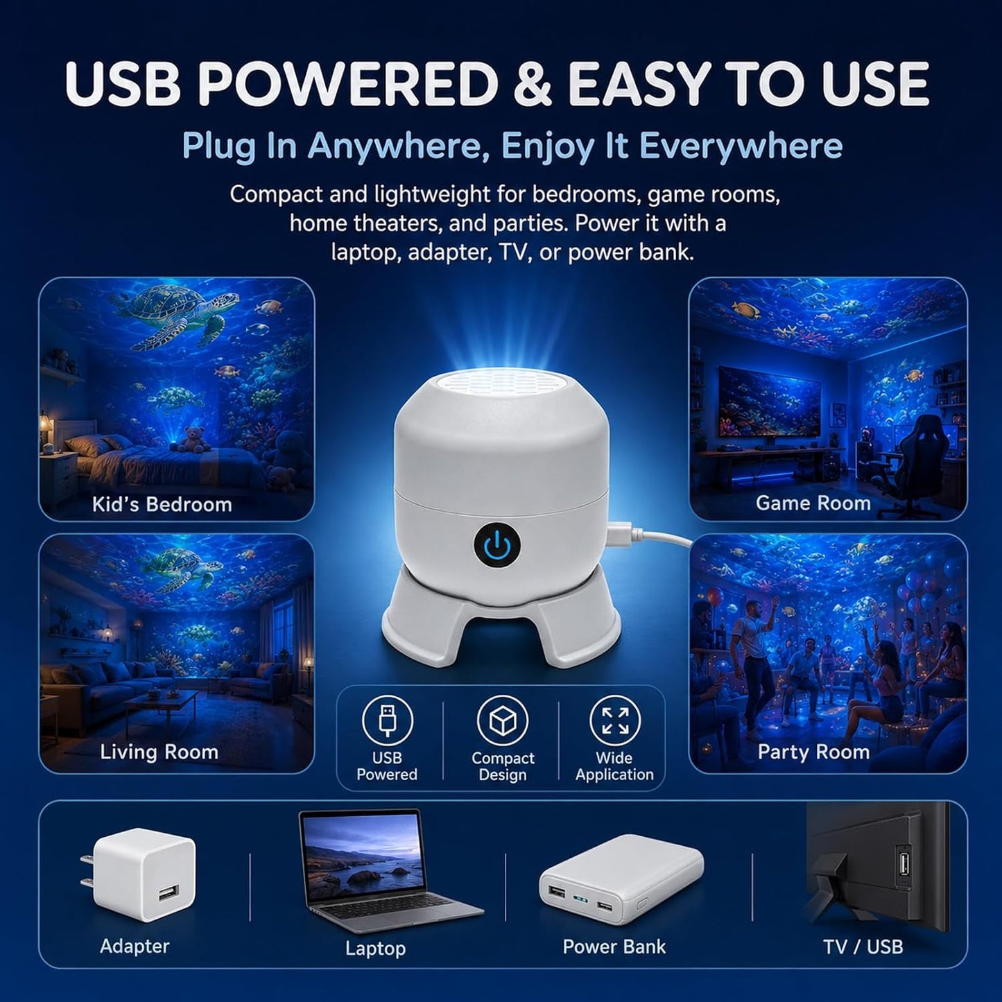 Dynamic 360° Rotating Ocean Wave Projecto,Led Starry Ocean Projector,Aquarium Projector for Bedroom,Plug & Play USB Dimmable Mood Light for Bedroom Meditation, Adults Home Theater Relaxation，Christmas
