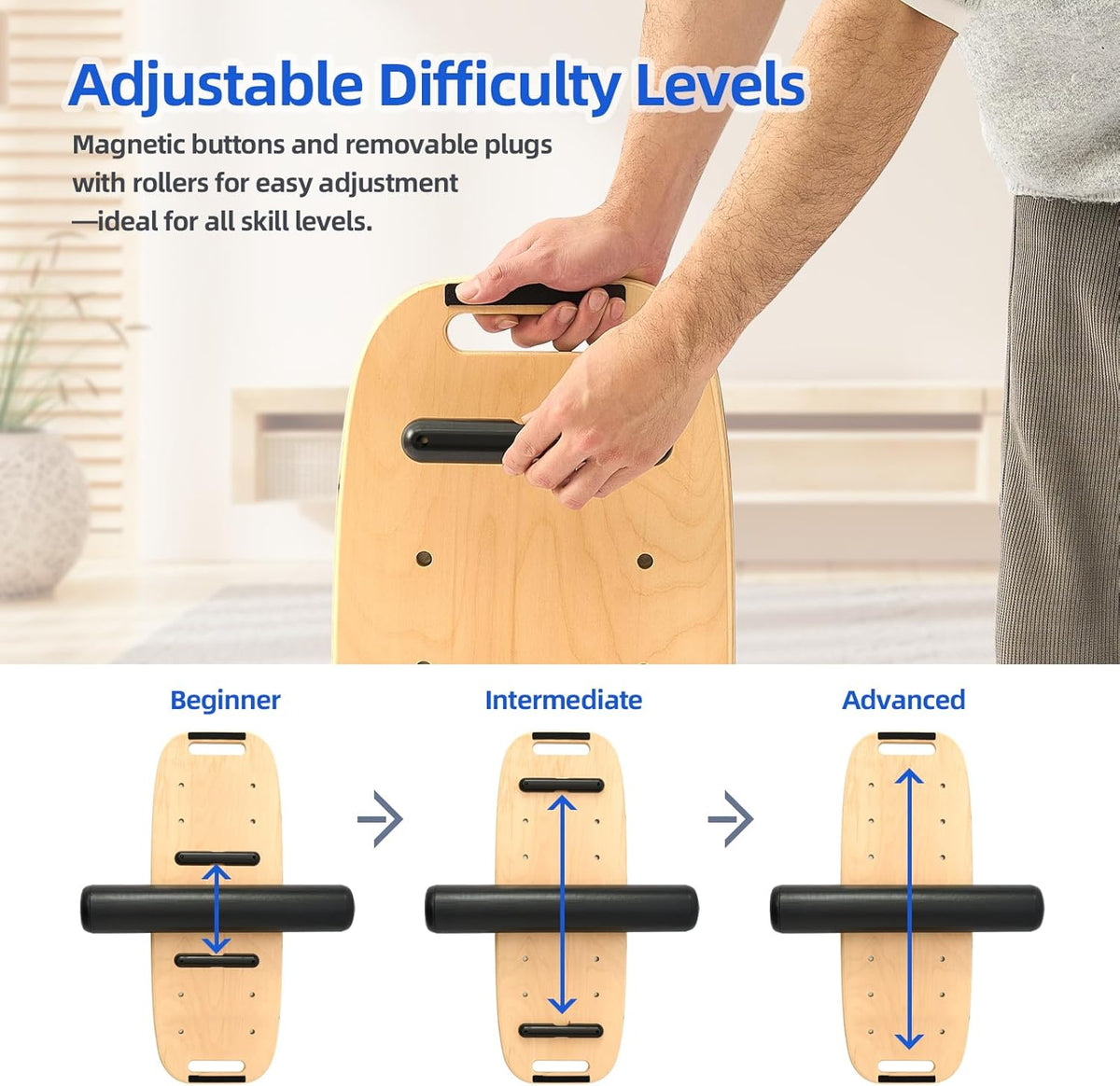 Balance Board for Adult with Adjustable Stoppers: 3 Modes Wobble Board with Roller Exercise Balancing Stability Trainer for Improve Balance Non Slip Surface