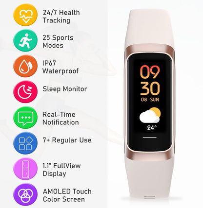 Fitness Tracker with 24/7Heart Rate, Blood Pressure, Sleep Tracking, Calorie, Activity Tracker with 1.1" AMOLED Color Screen, Waterproof Step Tracker for Android iPhones Women Men
