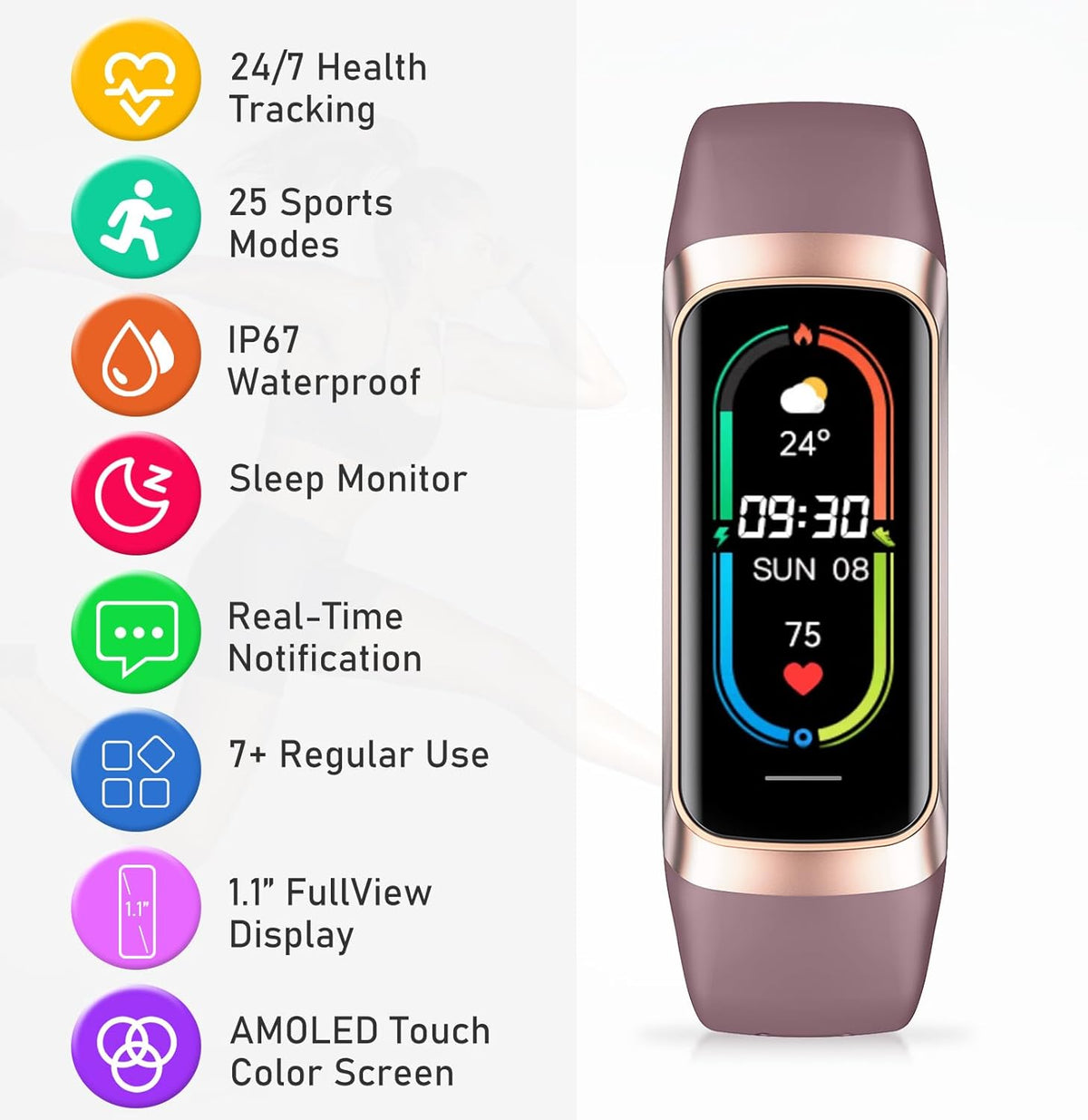 Fitness Tracker with 24/7Heart Rate, Blood Pressure, Sleep Tracking, Calorie, Activity Tracker with 1.1" AMOLED Color Screen, Waterproof Step Tracker for Android iPhones Women Men