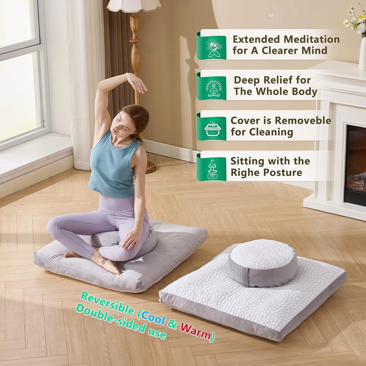Meditation Cushion Set, Reversible Warm & Cooling Floor Pillow, Adjustable Floor Pillow for Yoga, Meditation & Sitting,Buckwheat Filling (Ink Black)