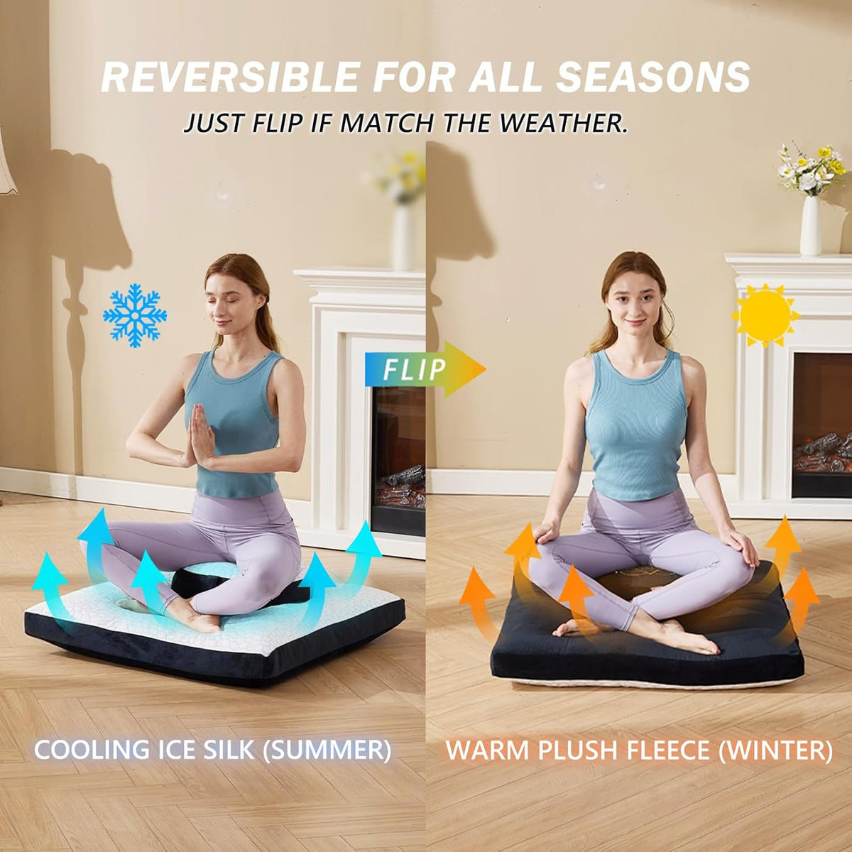 Meditation Cushion Set, Reversible Warm & Cooling Floor Pillow, Adjustable Floor Pillow for Yoga, Meditation & Sitting,Buckwheat Filling (Ink Black)