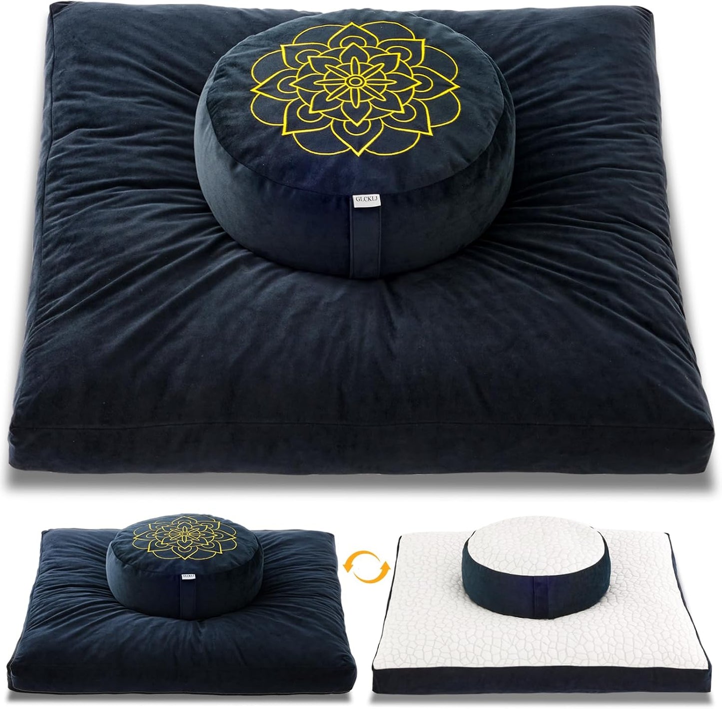 Meditation Cushion Set, Reversible Warm & Cooling Floor Pillow, Adjustable Floor Pillow for Yoga, Meditation & Sitting,Buckwheat Filling (Ink Black)
