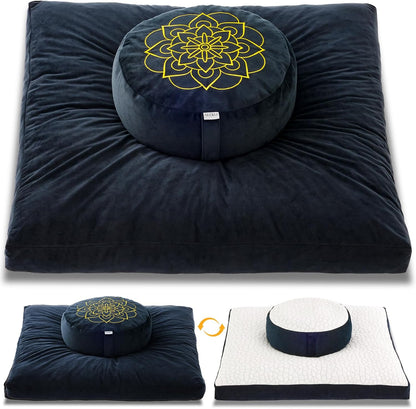 Meditation Cushion Set, Reversible Warm & Cooling Floor Pillow, Adjustable Floor Pillow for Yoga, Meditation & Sitting,Buckwheat Filling (Ink Black)