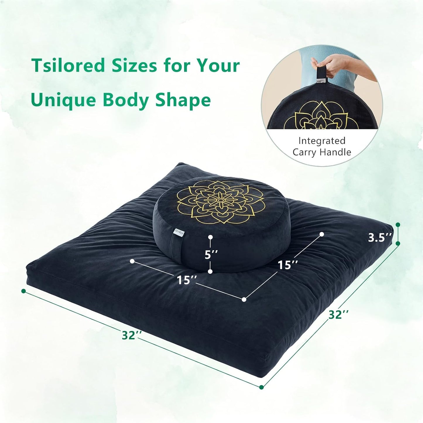 Meditation Cushion Set, Reversible Warm & Cooling Floor Pillow, Adjustable Floor Pillow for Yoga, Meditation & Sitting,Buckwheat Filling (Ink Black)